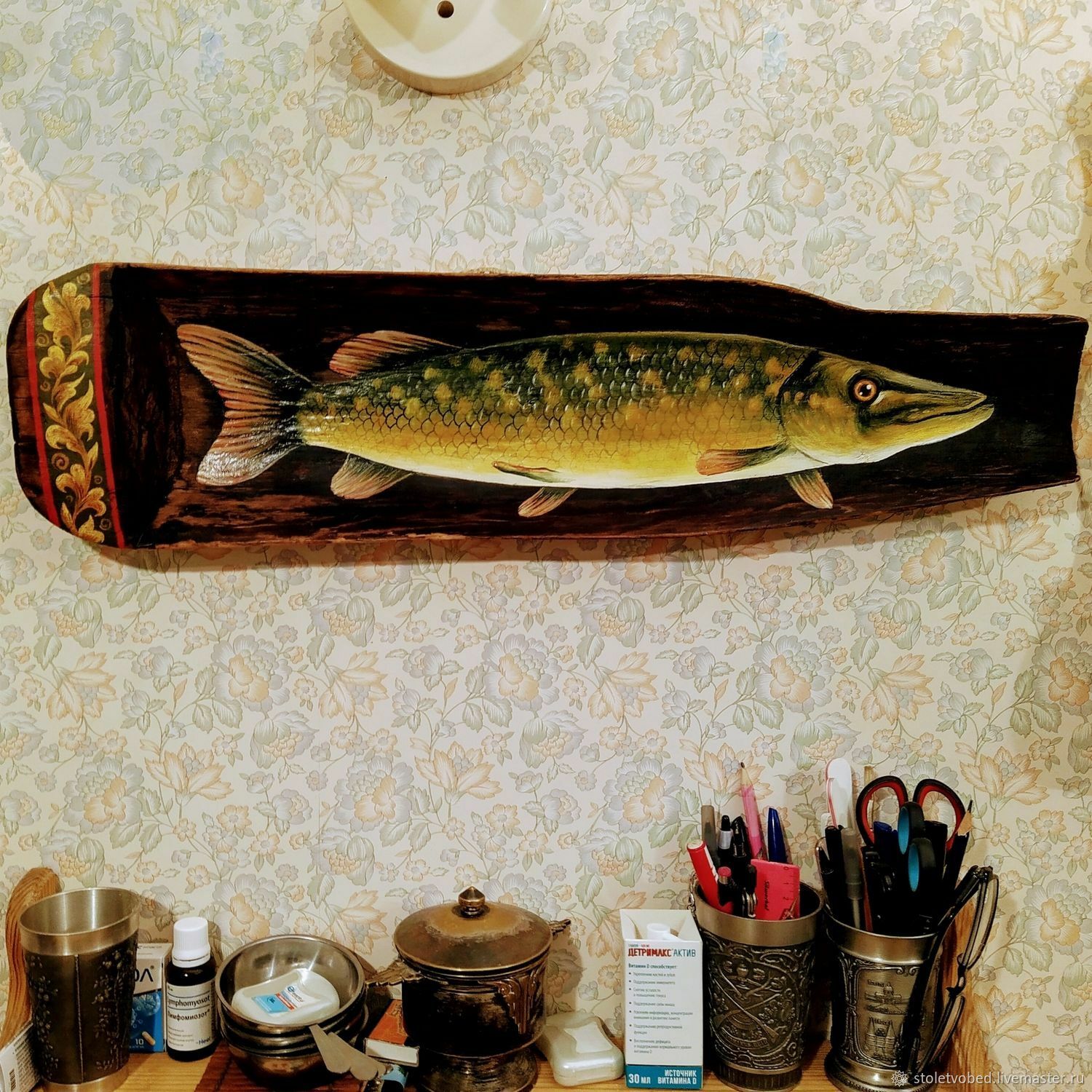 Панно-перебируха "Рыба-щука" старинное деревянное
