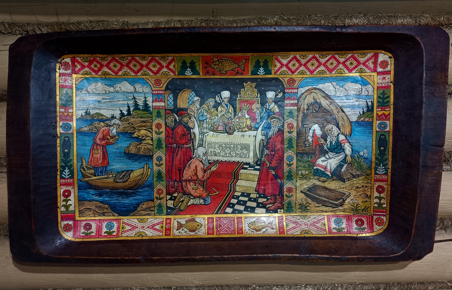 Картина "Сказка о рыбаке и рыбке" (Пушкина А.С.) на старинном деревянном корыте (большая)