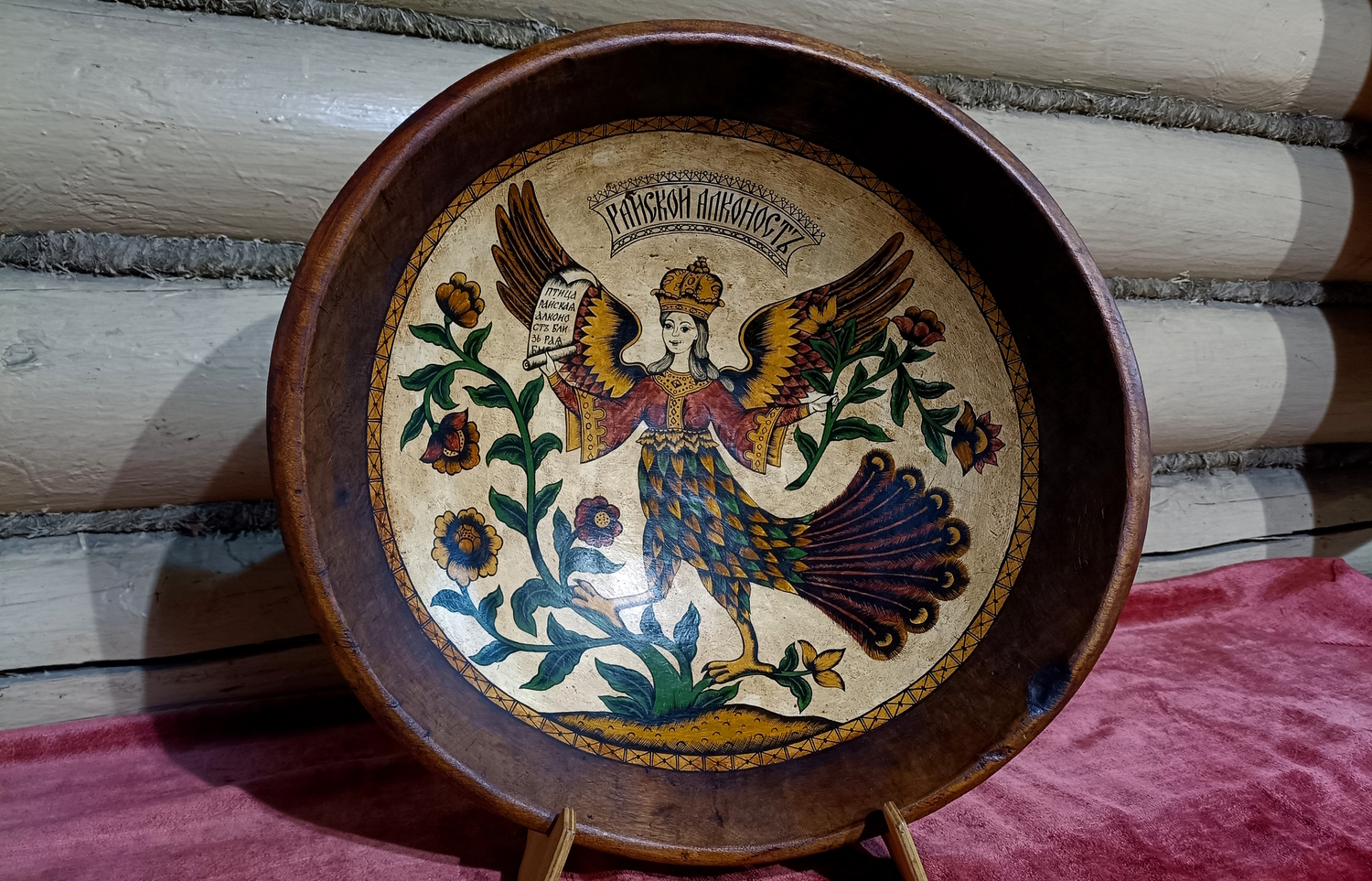 Блюдо "Алконост" старинное деревянное&nbsp; с ручной росписью (большое)