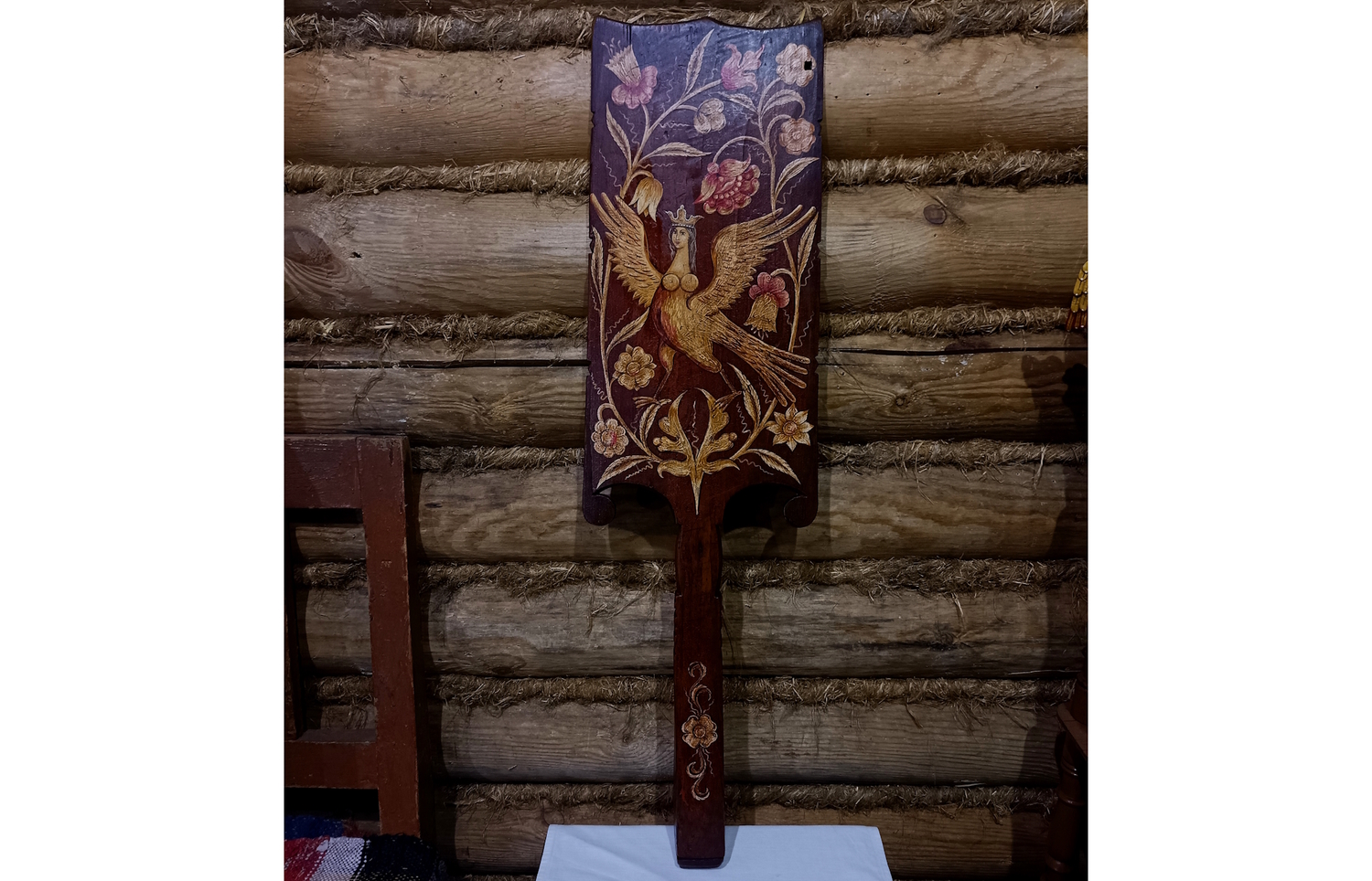 Панно "Райская птица Сирин" на старинной деревянной прялке c ручной росписью