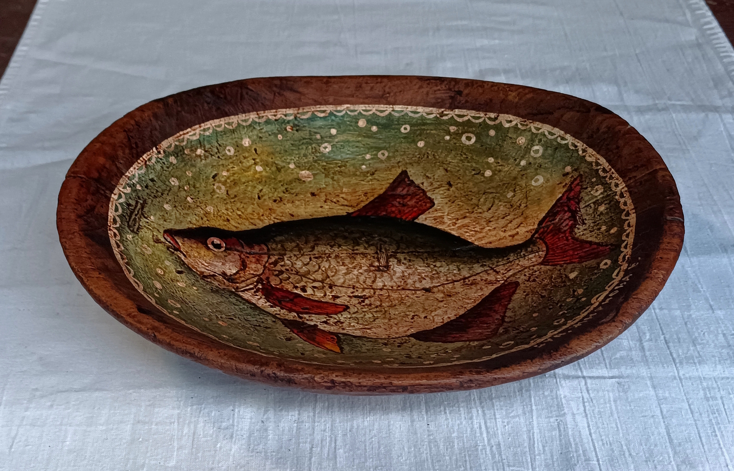 Тарелка "Рыба" старинная деревянная с ручной росписью