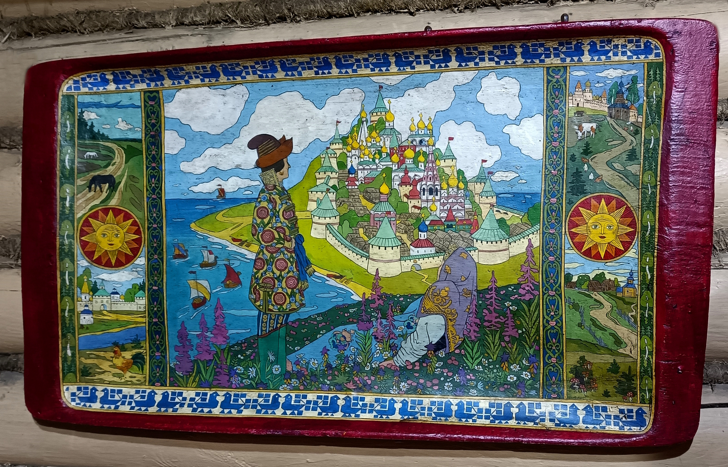 Картина "Гвидон и Царица у Града" ( "... Отрясая грезы ночи и дивясь, перед собой видит город он большой..." Пушкин А.С. "Сказка о царе Салтане...") на старинном деревянном корыте (большая)