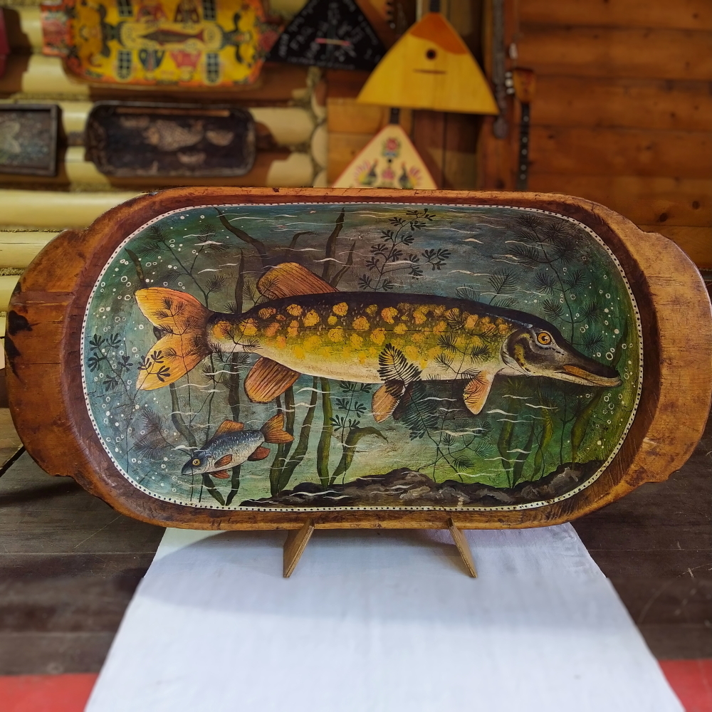 Корыто-панно "Рыба - щука"  деревянное старинное