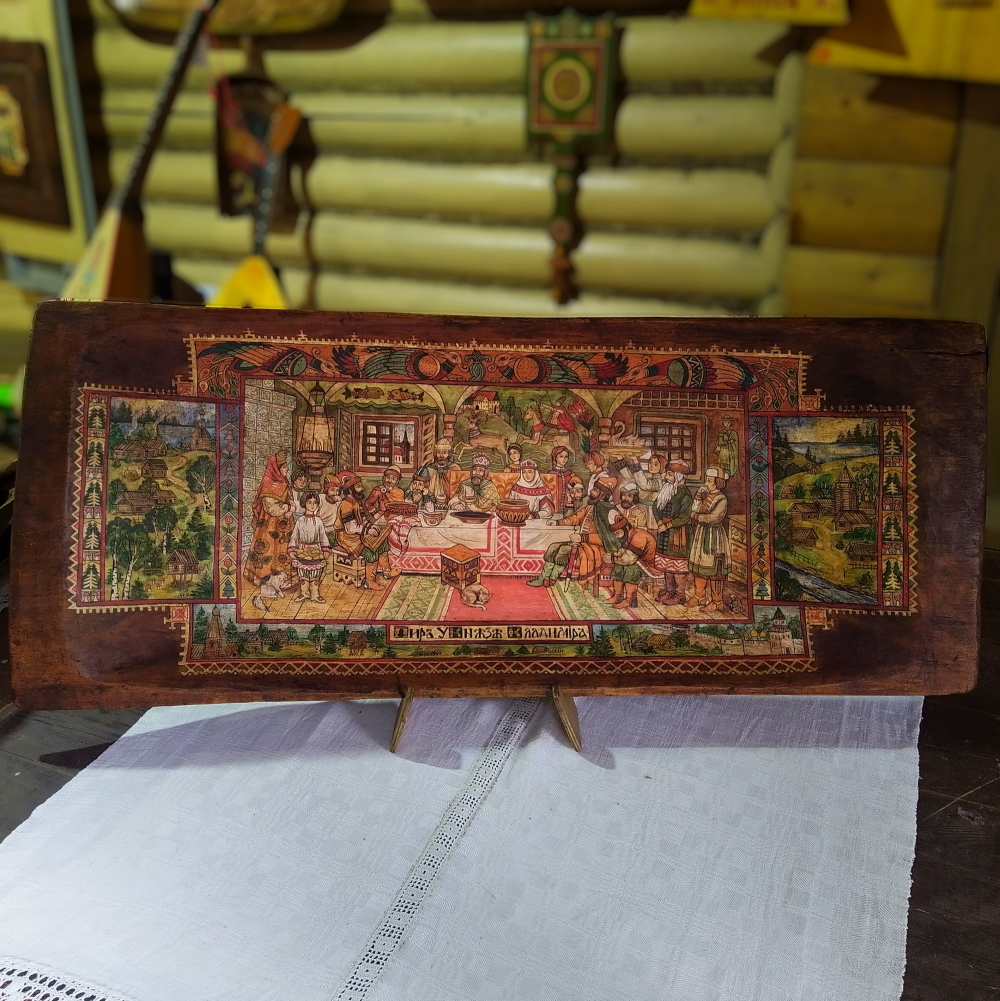 Корыто-панно «Пир у князя Владимира» старинное деревянное