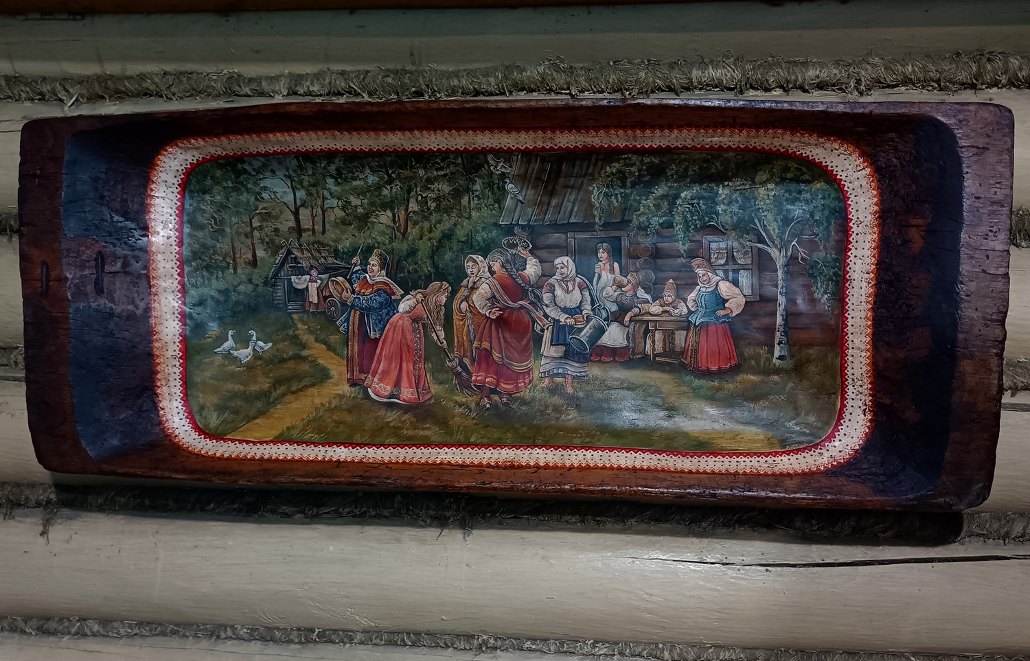 Картина "Девичник" на старинном деревянном корыте&nbsp;(большая)