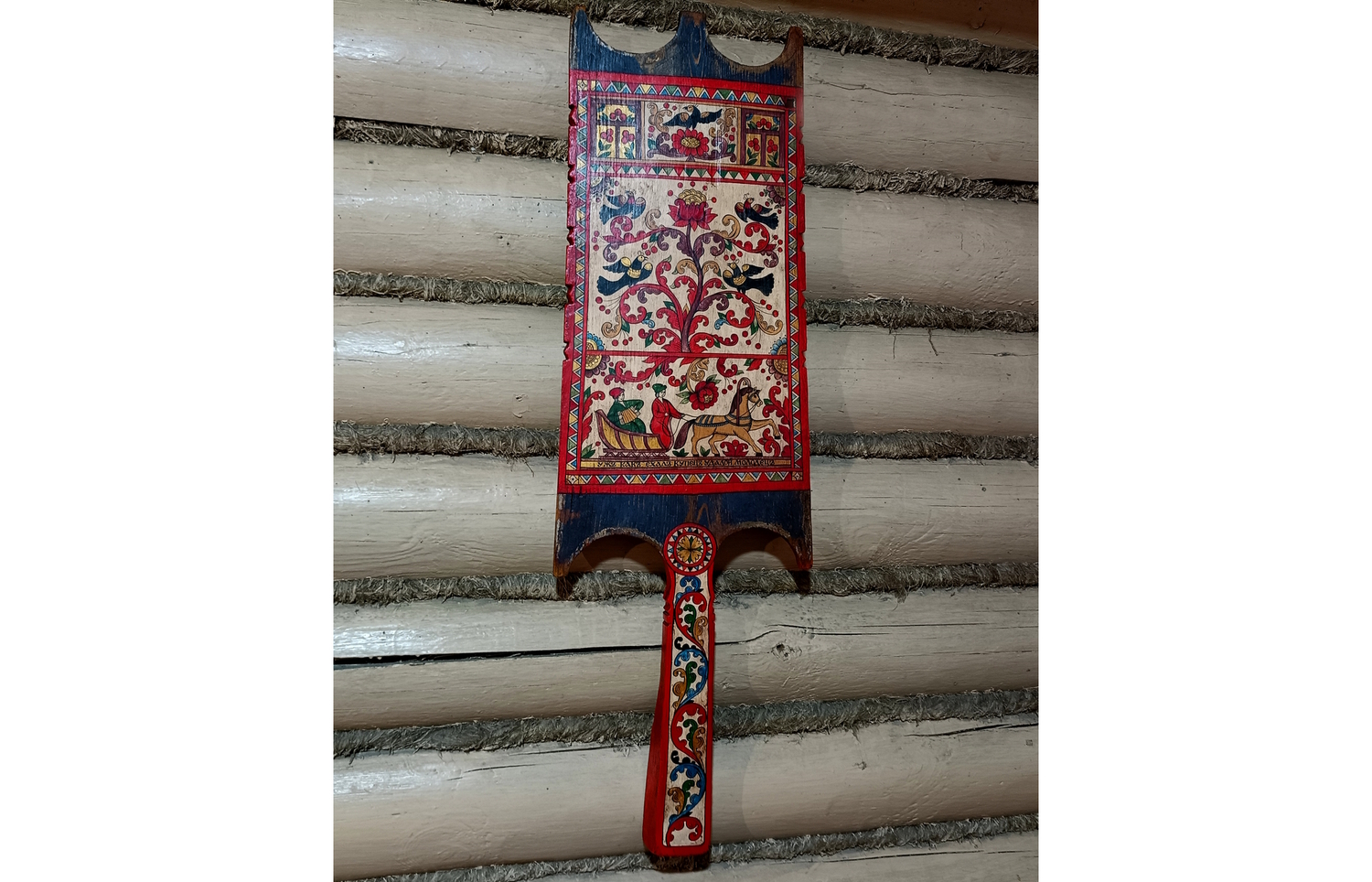 Панно "Древо Жизни и Прогулка" на старинной деревянной прялке c ручной росписью&nbsp;(по мотивам росписей С.Двины)