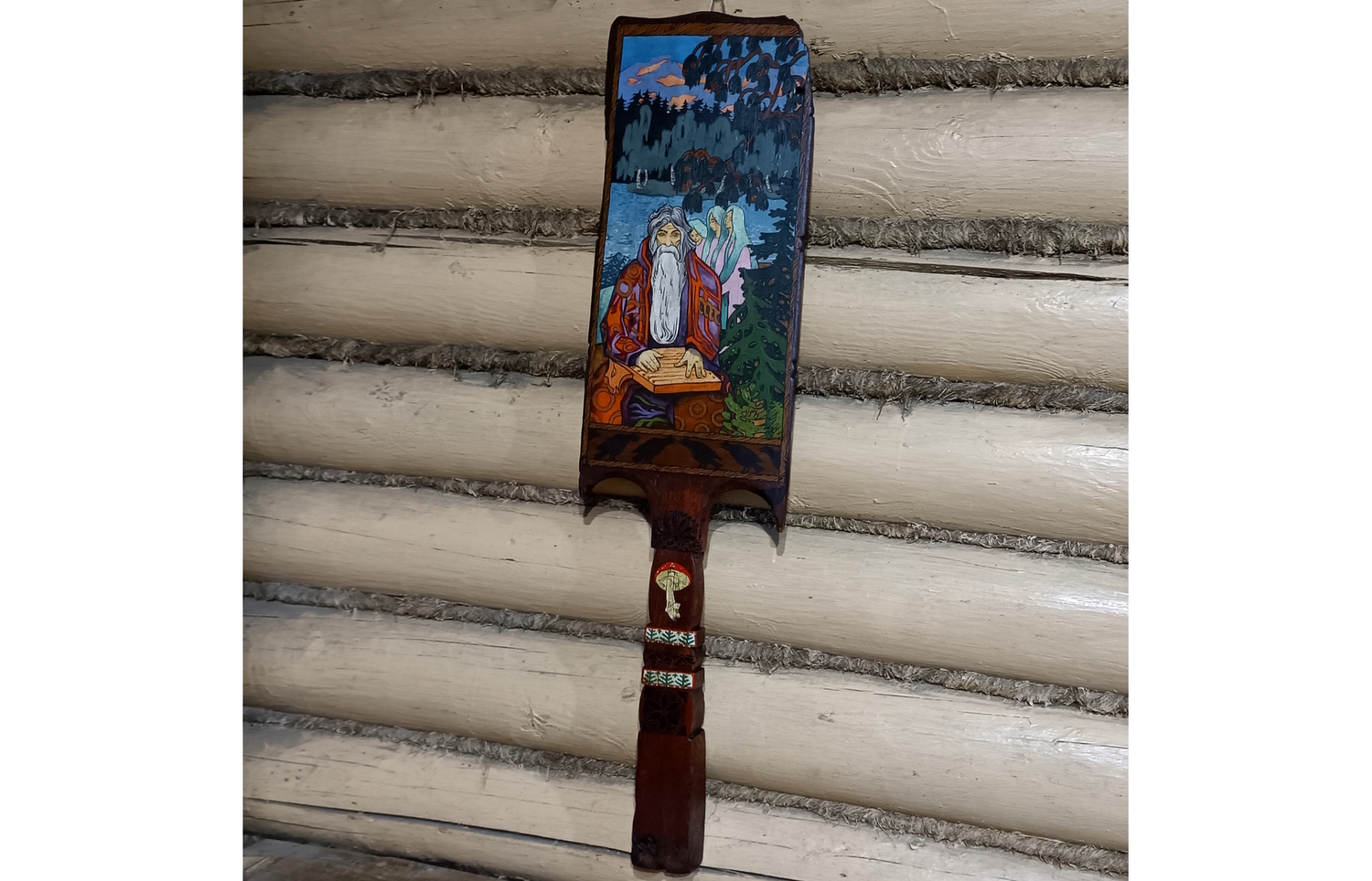 Панно "Певец БАЪЯН из "Слова о полку Игореве" (по мотивам росписи М. Врубеля) на старинной деревянной прялке, c ручной росписью