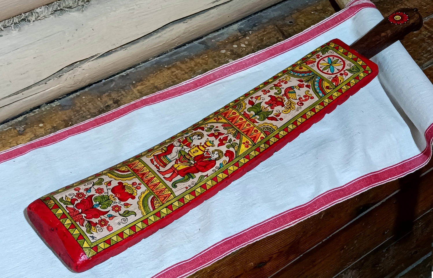 Рубель "Чаепитие"(С.Двина) старинный деревянный, с ручной росписью (большой)