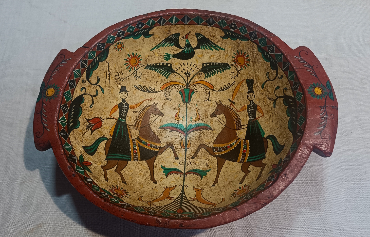 Блюдо двуручное "Древо Жизни, Птица Счастья, Всадники" старинное деревянное с ручной росписью&nbsp;(по мотивам Городца) 