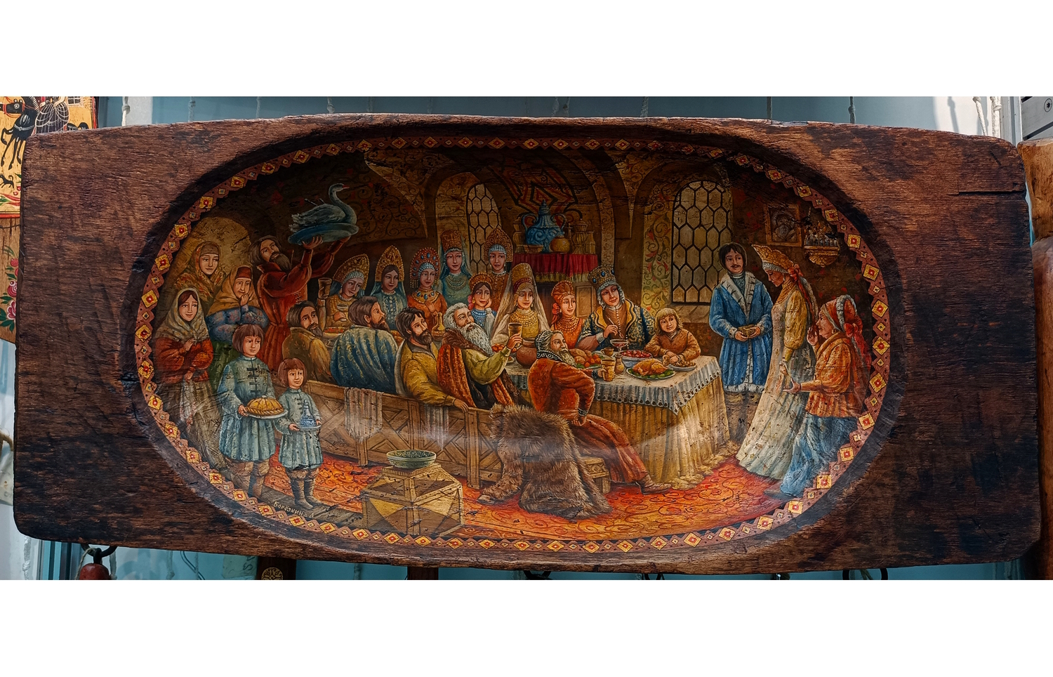 Картина "Боярский свадебный пир" на старинном деревянном корыте&nbsp;(большая)