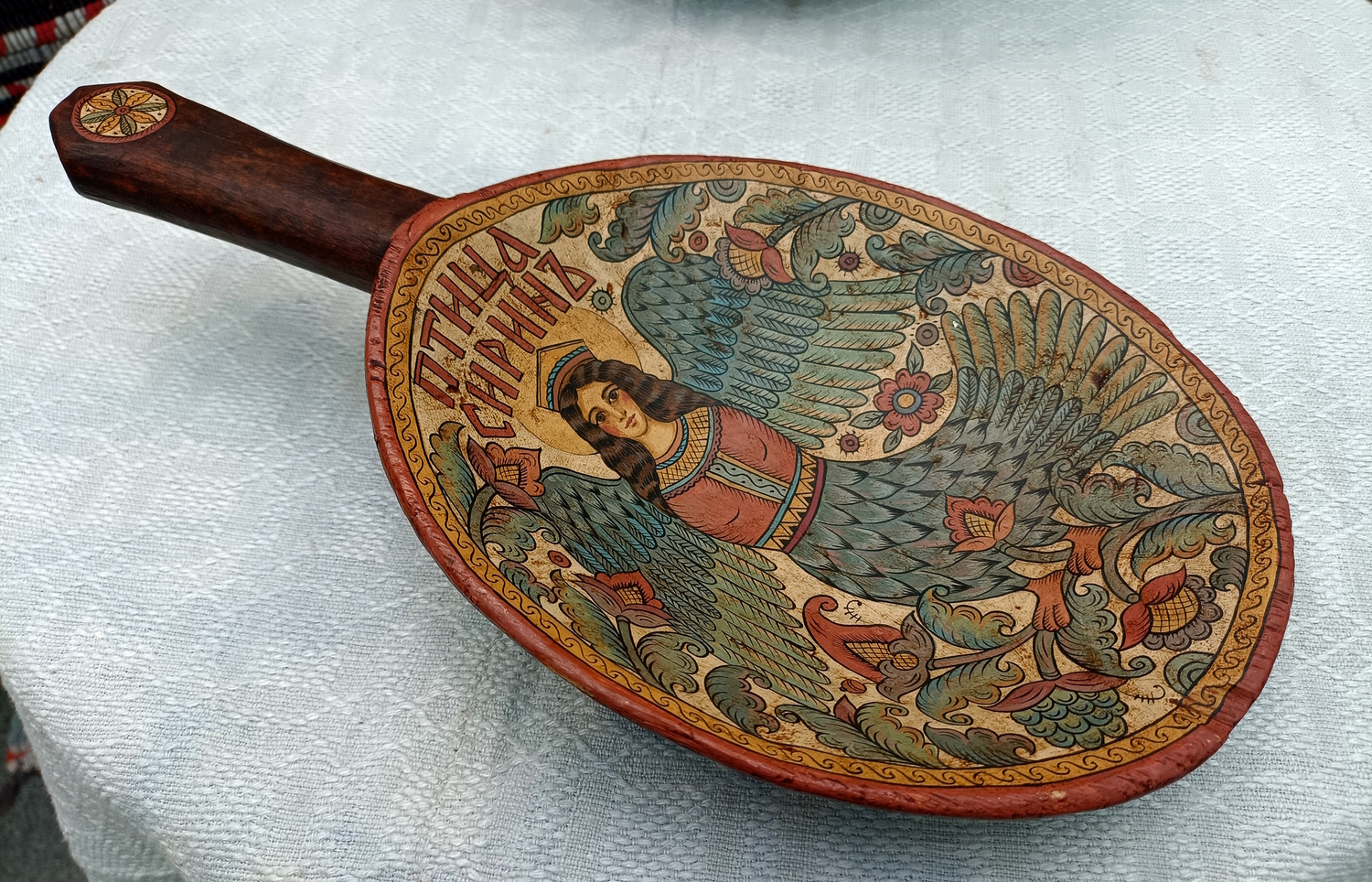 Латка-тарелочка&nbsp;"Птица Сирин" старинная деревянная&nbsp; с ручной росписью&nbsp;