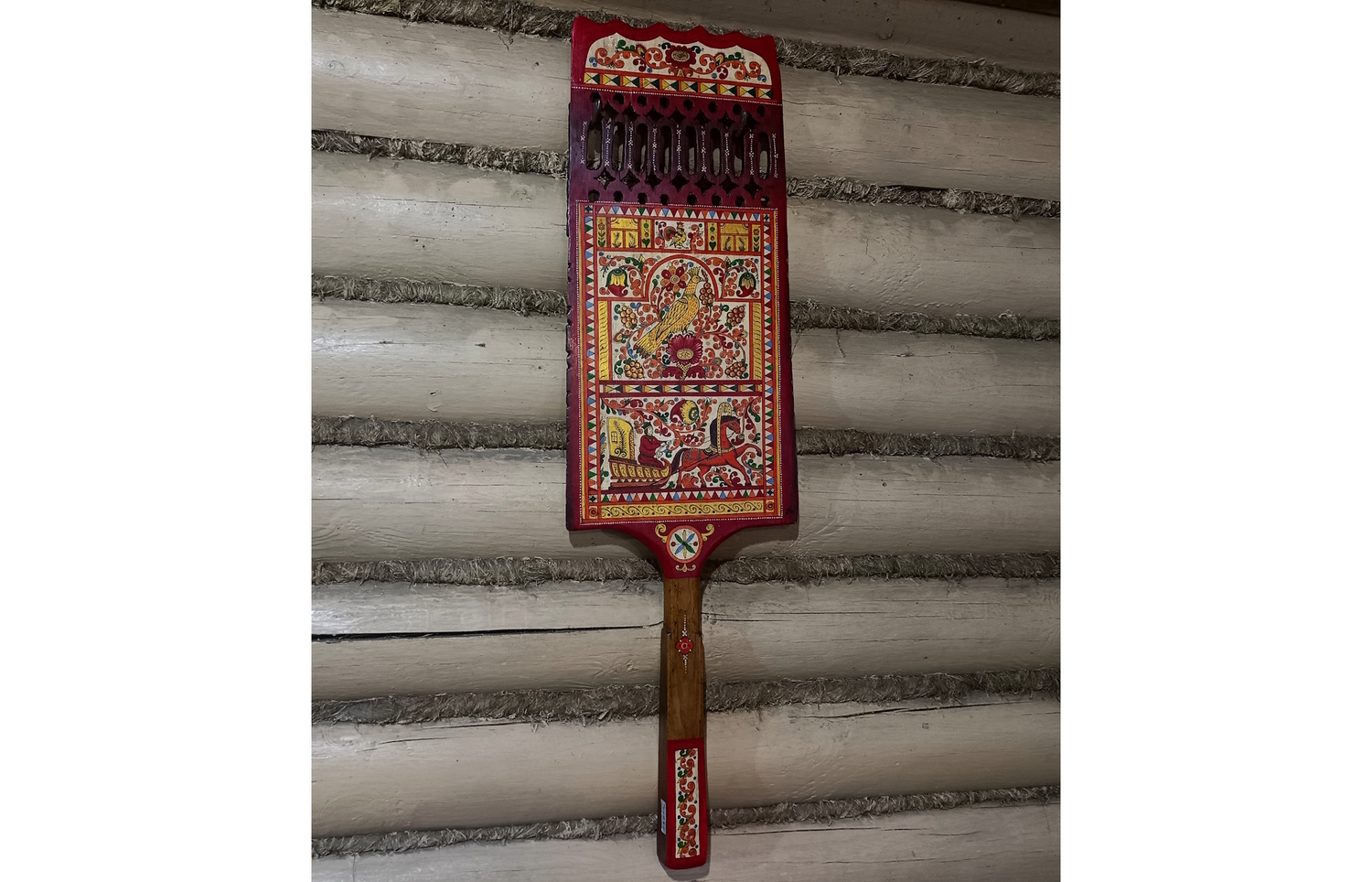 Панно "Птица счастья&nbsp; - Прогулка" (по мотивам росписи на прялках С. Двины) на старинной деревянной прялке с ручной росписью