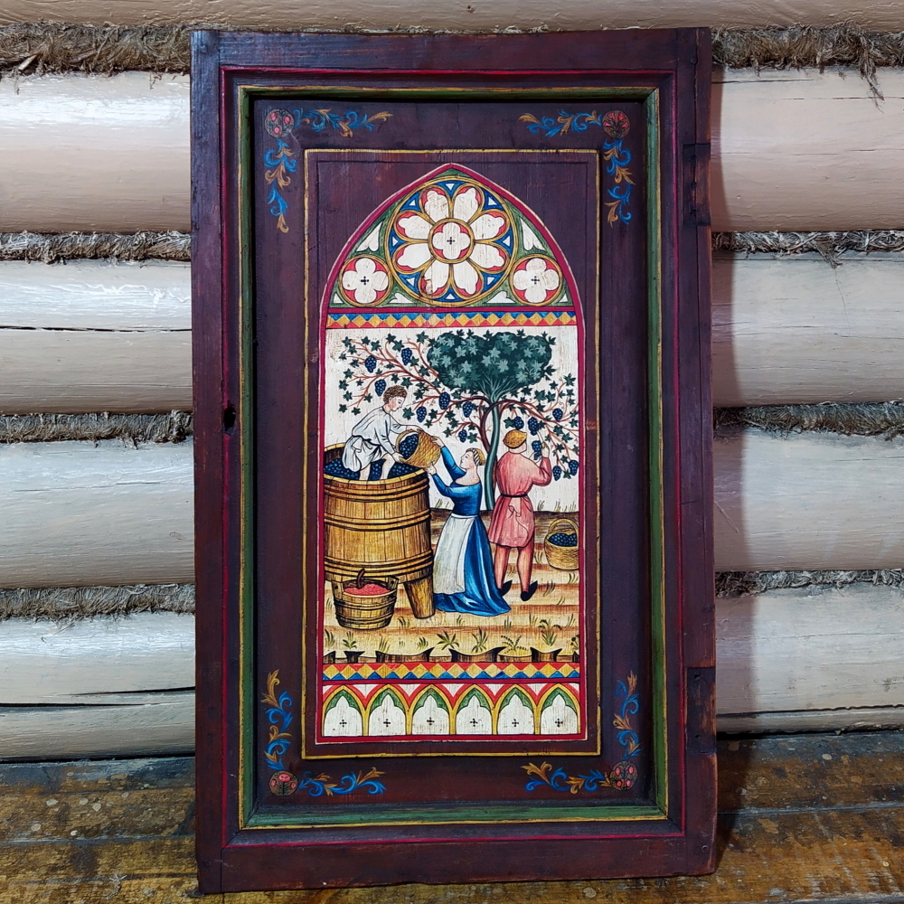 Картина-панно на старом дереве "Сбор винограда" (Средневековье)